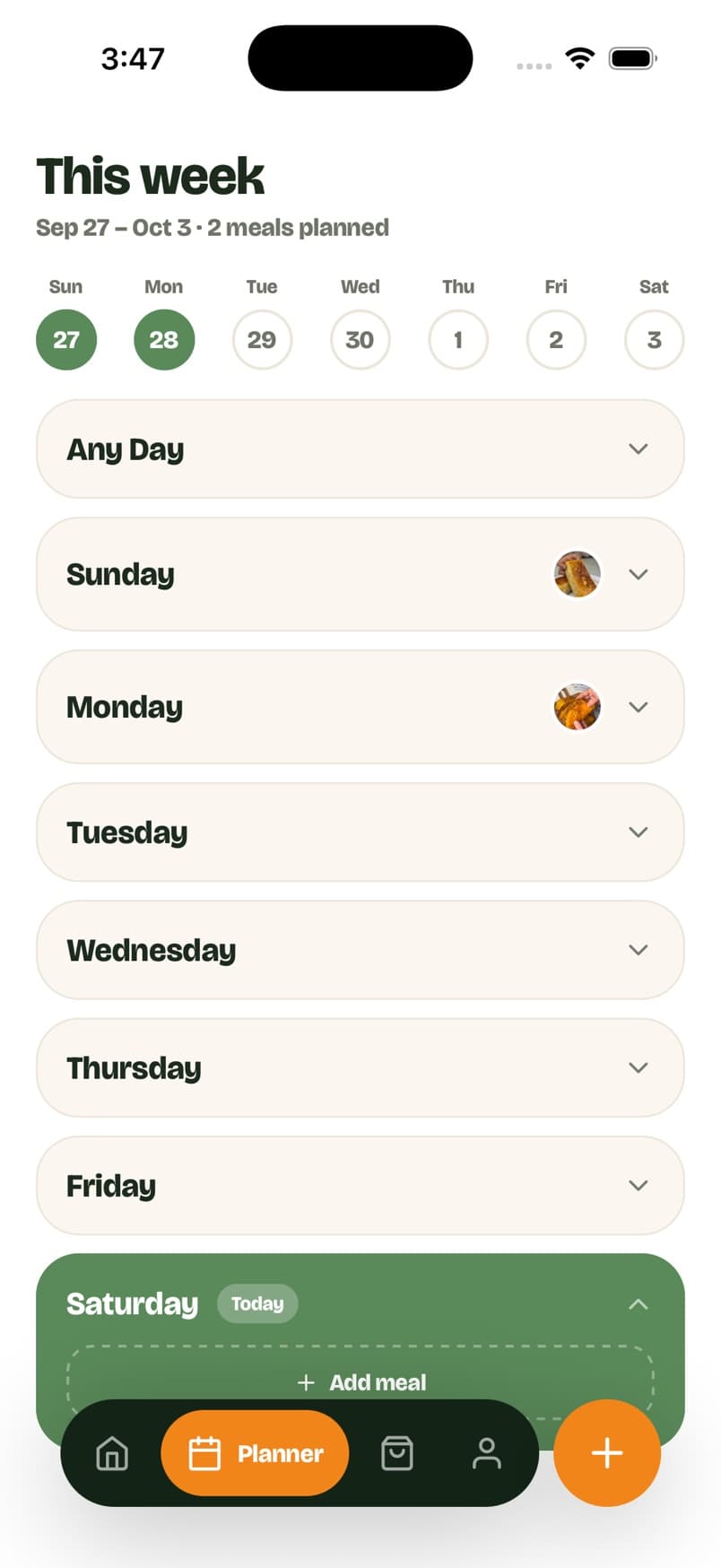 The Wasfa week planner with meals added to days